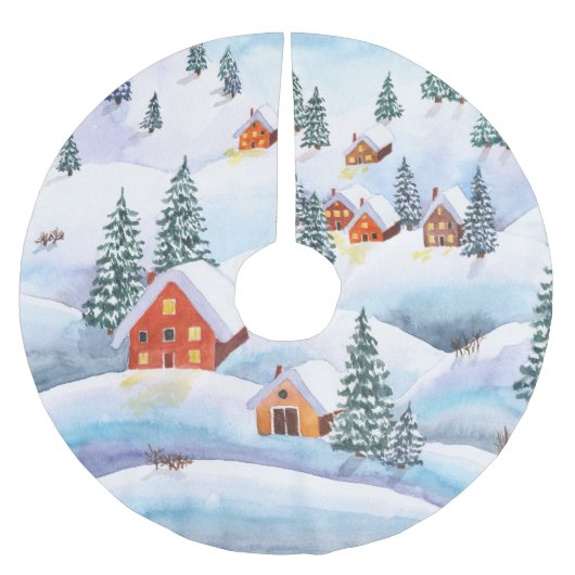 Sneeuwheuvels, huizen: waterverf landschap kerstboom rok (Voorkant)