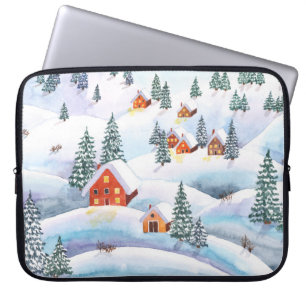 Sneeuwheuvels, huizen: waterverf landschap laptop sleeve