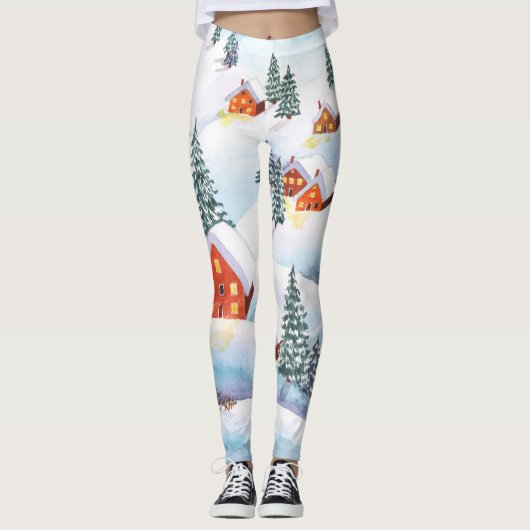 Sneeuwheuvels, huizen: waterverf landschap leggings (Voorkant)