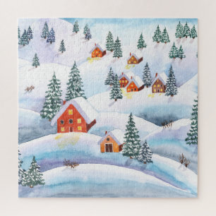 Sneeuwheuvels, huizen: waterverf landschap legpuzzel