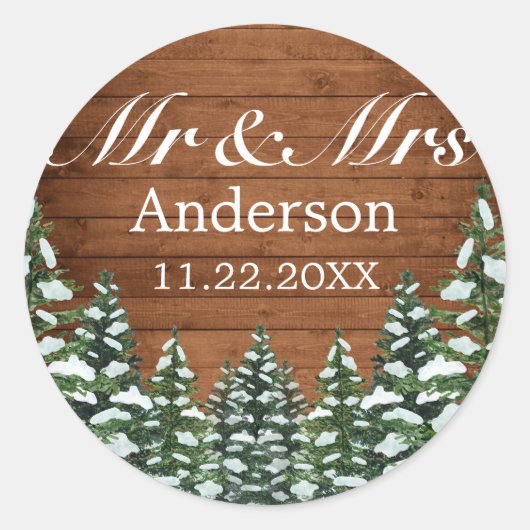 Sneeuwhout & Bos Country Pine MR MRS Bruiloft Ronde Sticker (Voorkant)