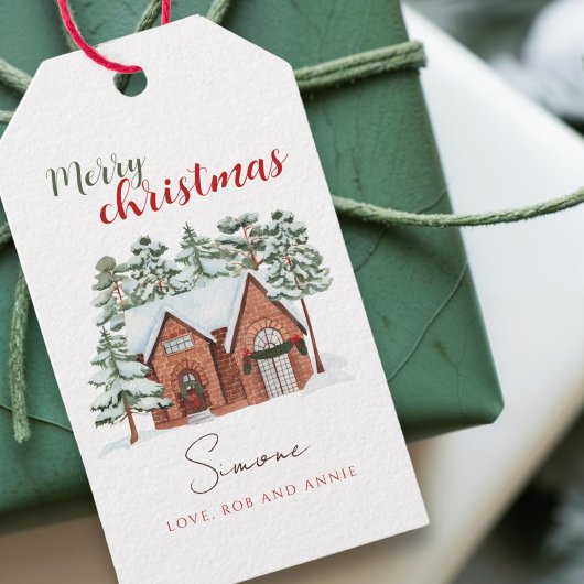 Sneeuwig Cottage Aangepaste Kerstboom Cadeaulabel