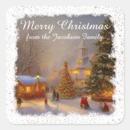 Sneeuwige kerstbomen op het dorp vierkante sticker