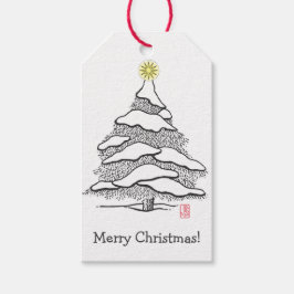 Sneeuwige kerstcadeautags van groenblijvende bomen cadeaulabel