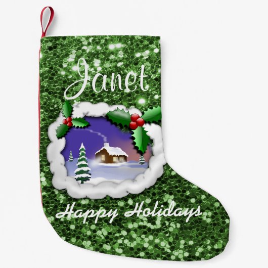 Sneeuwige kerstcadeautjes groene faux Glitter Kleine Kerstsok (Voorkant)