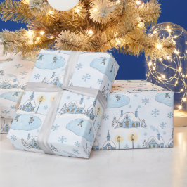 Sneeuwige Kerstnachtstad Cadeaupapier