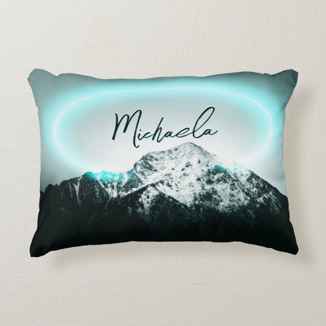 Sneeuwige, mysterieuze blauwe neonlichte monogram  accent kussen (Voorkant)