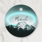 Sneeuwige, mysterieuze blauwe neonlichte monogram  bedankjes labels (Achterkant)