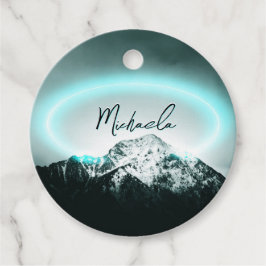 Sneeuwige, mysterieuze blauwe neonlichte monogram  bedankjes labels