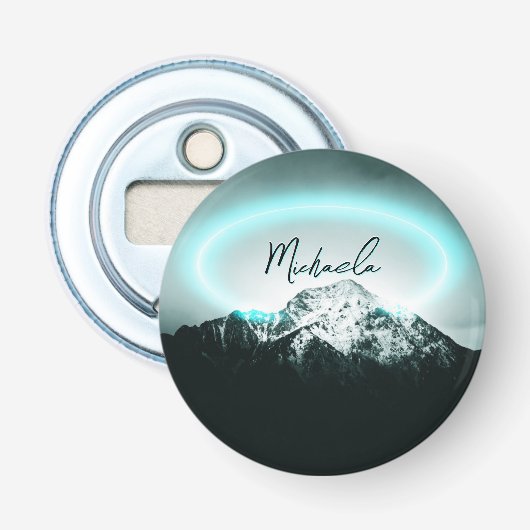 Sneeuwige, mysterieuze blauwe neonlichte monogram  button flesopener (Voorkant)