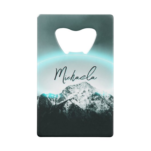 Sneeuwige, mysterieuze blauwe neonlichte monogram  creditkaart flessenopener (Achterkant)