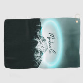 Sneeuwige, mysterieuze blauwe neonlichte monogram  golfhanddoek (Horizontaal)