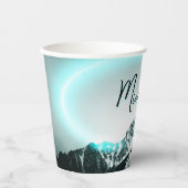 Sneeuwige, mysterieuze blauwe neonlichte monogram papieren bekers (Voorkant)