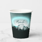 Sneeuwige, mysterieuze blauwe neonlichte monogram papieren bekers (Voorkant)