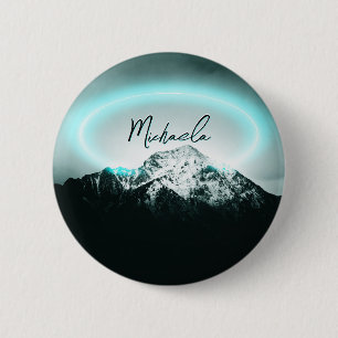 Sneeuwige, mysterieuze blauwe neonlichte monogram ronde button 5,7 cm