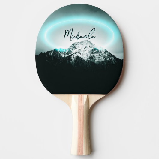 Sneeuwige, mysterieuze blauwe neonlichte monogram  tafeltennisbatje (Voorkant)