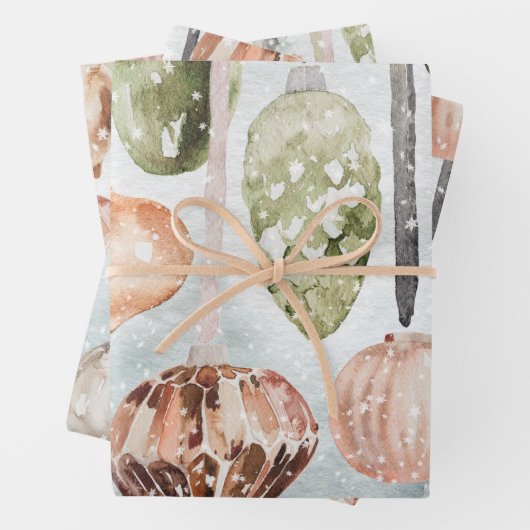 Sneeuwige  roze en groene Ornamenten Inpakpapier Vel (In situ)