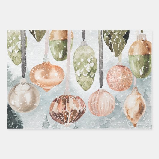 Sneeuwige  roze en groene Ornamenten Inpakpapier Vel (Voorkant)