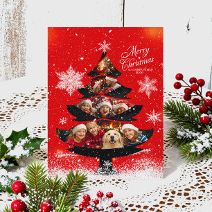 Sneeuwige vrolijke kerst familie foto kerstboom feestdagenkaart