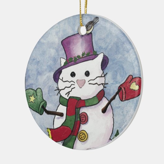 Sneeuwkat kerstversiering keramisch ornament (Links)