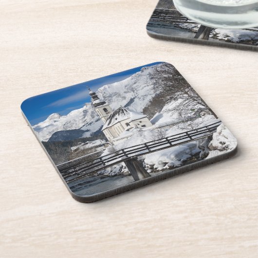 Sneeuwkerk met alpenbergen bier onderzetter (Linkerzijde)