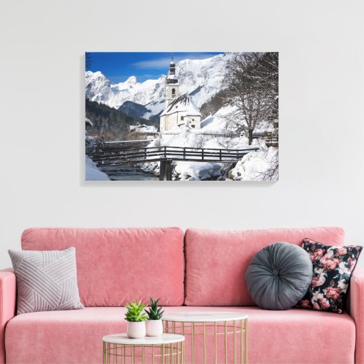 Sneeuwkerk met alpenbergen canvas afdruk (Insitu (Woonkamer))