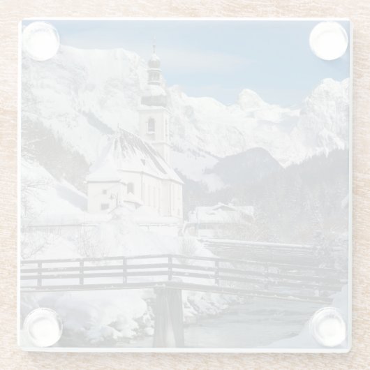 Sneeuwkerk met alpenbergen glazen onderzetter (Achterkant)