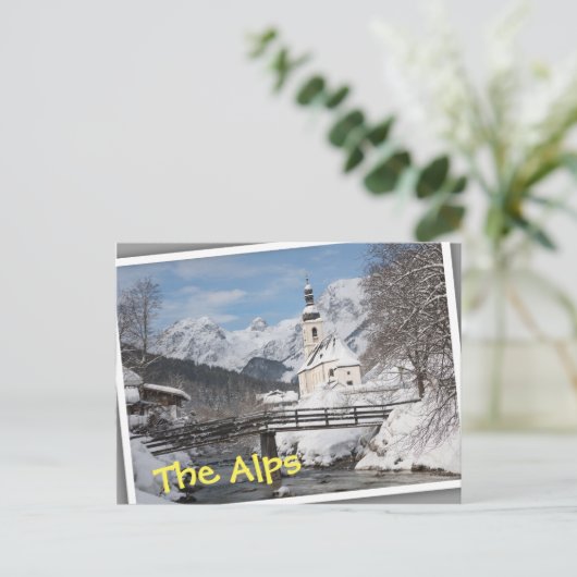 Sneeuwkerk met Alpenbergen in de winter Briefkaart (Staand voorkant)