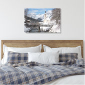 Sneeuwkerk met Alpenbergen in de winter Canvas Afdruk (Insitu (Slaapkamer))