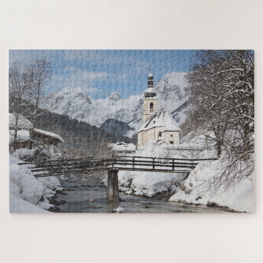Sneeuwkerk met Alpenbergen in de winter Legpuzzel (Horizontaal)