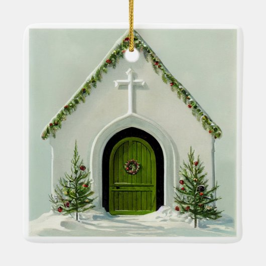 sneeuwkerk met kerstmis keramisch ornament (Achterkant)