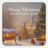 Sneeuwkerstbomen in de dorpscène Quaint Vierkante Sticker (Voorkant)