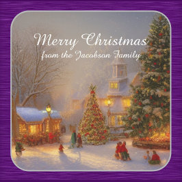 Sneeuwkerstbomen in de dorpscène Quaint Vierkante Sticker