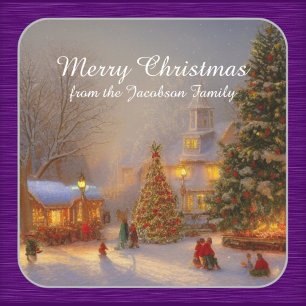 Sneeuwkerstbomen in de dorpscène Quaint Vierkante Sticker