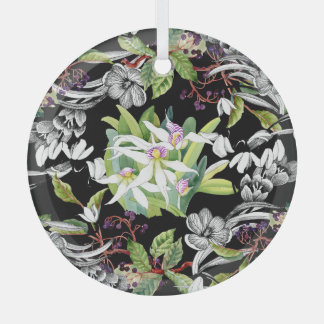 Sneeuwklokjes & orchideeën: geschetst zwart patroo glas ornament