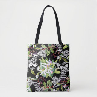 Sneeuwklokjes & orchideeën: geschetst zwart patroo tote bag