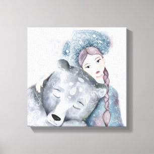 Sneeuwkoningin en Polair Beer in Zachte Waterverf Canvas Afdruk