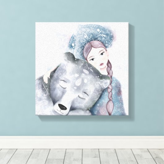 Sneeuwkoningin en Polair Beer in Zachte Waterverf Canvas Afdruk (Insitu (Houten vloer))