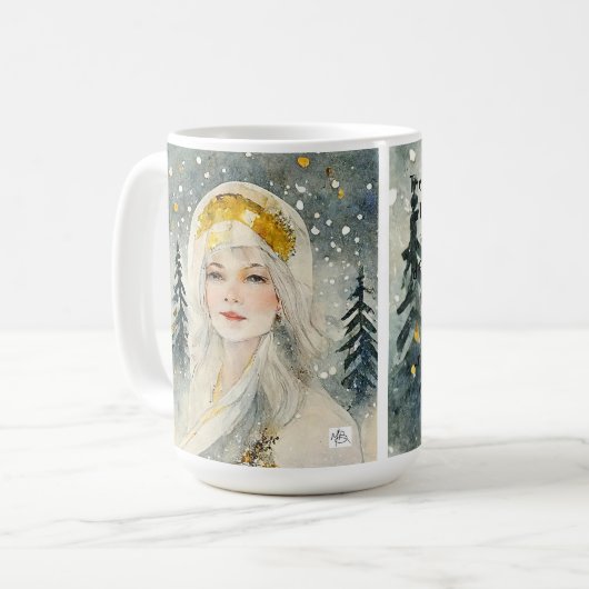  sneeuwkoninginnenkerstmok in een sneeuwbos. koffiemok (Voorkant links)