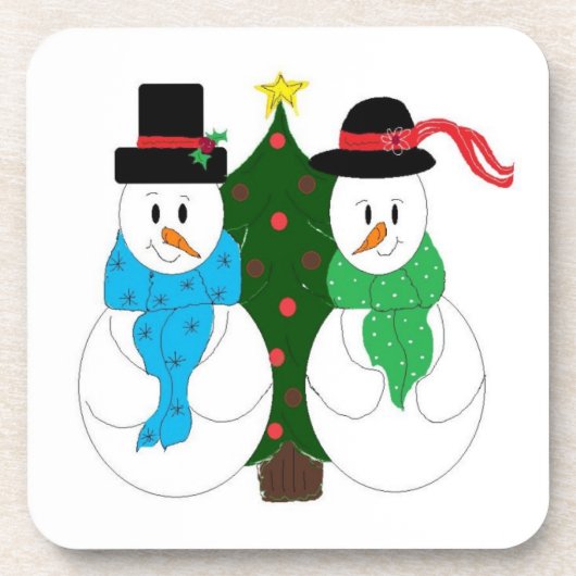 Sneeuwkoppel bij de kerstboom bier onderzetter (Voorkant)