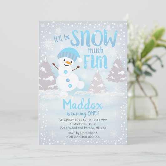 Sneeuwkraan 1e verjaardag Uitnodiging Winter Jonge (Staand voorkant)