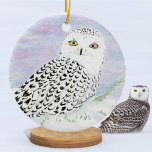 Sneeuwkraan in winterzonnescherm keramisch ornament<br><div class="desc">Daphsam creëerde deze kleurenpotloodkunst van een Snowy Owl die tijdens een winterzonsondergang op een sneeuwdrift doordrongen was. Een geweldig ornament om een vogel enthousiast te maken voor je raam,  boom,  spiegel,  een middelpunt,  een lijst,  een vaas van decoratieve takken.</div>