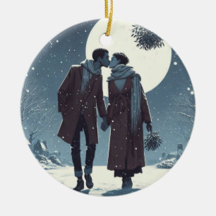 Sneeuwkus Paar Kerstmis Keramisch Ornament