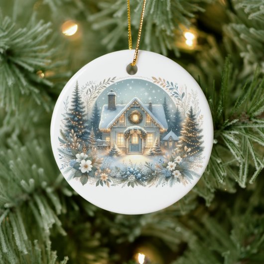 Sneeuwlandhuis Gloeiende Scene Keramisch Ornament (Boom)