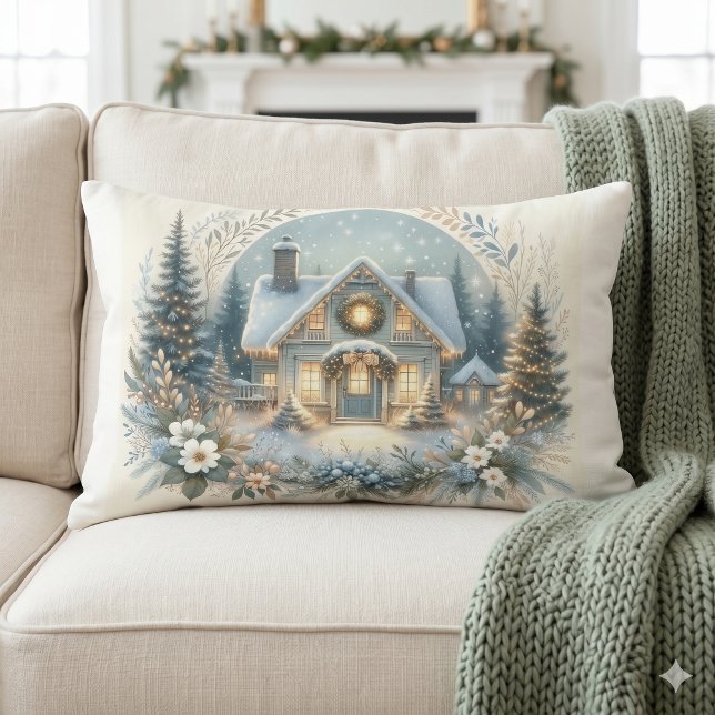 Sneeuwlandhuis Gloeiende Scene Kussen (Snowy Cottage Glow Scene Lumbar Pillow)