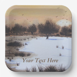 Sneeuwlandschap met kerst met sneeuwbedekking papieren bordje
