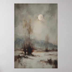 Sneeuwlandschap met maan Print Kunst Wintermuur Ku