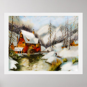 Sneeuwlandschap met waterwiel poster
