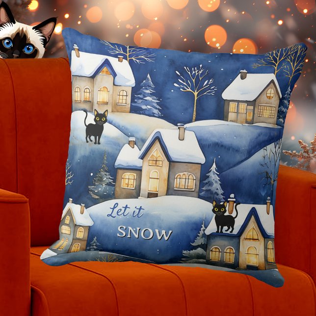 Sneeuwlandschap Mooie Winterkat Kussen (Pillow featuring a painting of a cool snow covered winter landscape with cute cats - Christmas)