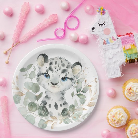 Sneeuwleopard Winter Onederland Arctic Greenery Papieren Bordje (Feest)